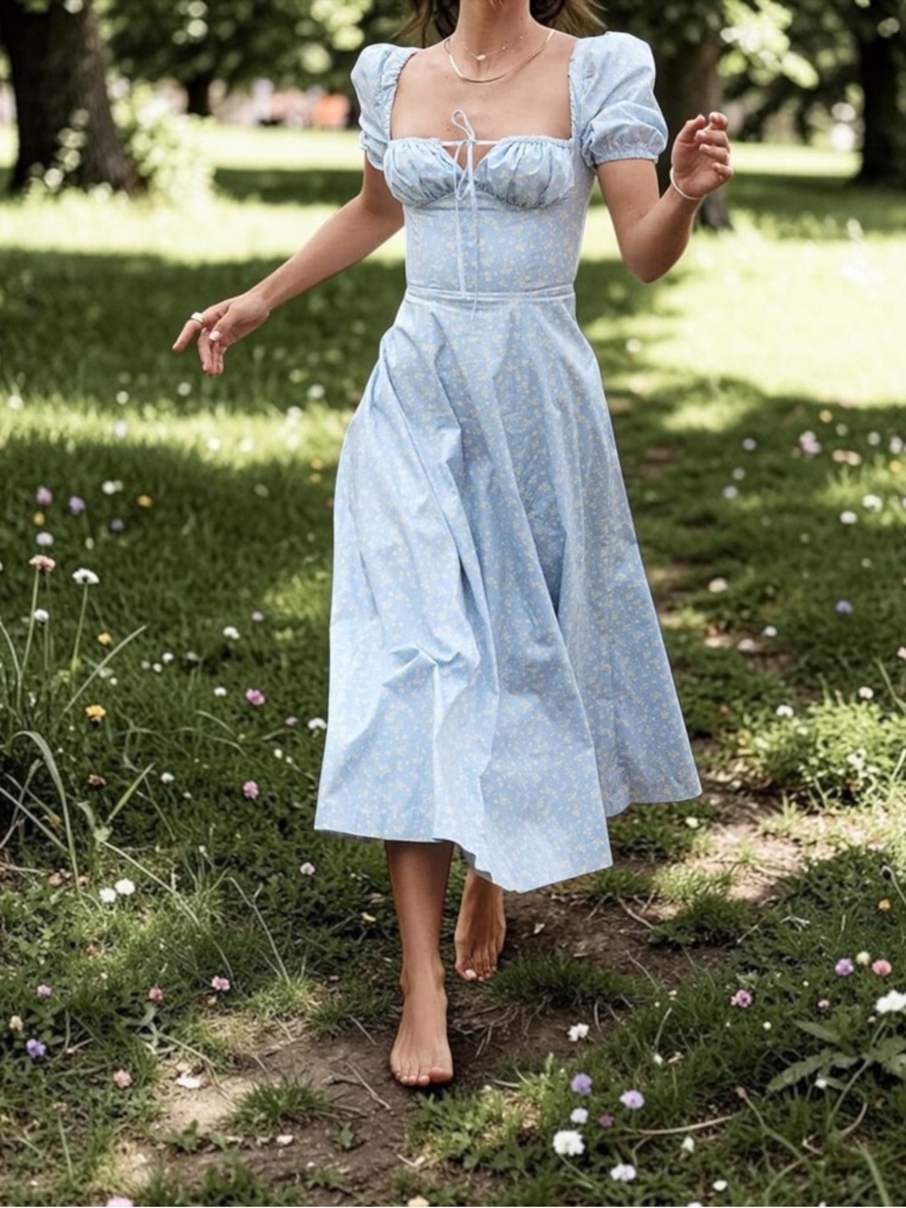 Blue Floral Puff Sleeve Midi/Maxi Dress – Lace-Up Bust & Side Slit-Size M